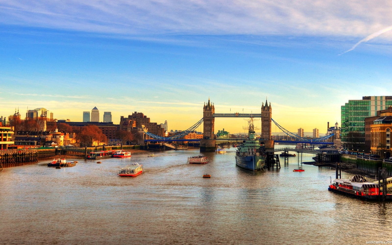 River, Ship, Bridge, London, England, Sunset, ships, 720P