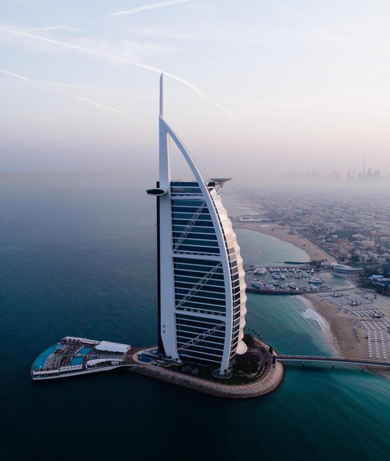 transportation, nautical Vessel, burj khalifa, tower, nice hotel, burj al arab, modern, architecture, jumeirah, coastline, urban Skyline, aerial View, drone shot