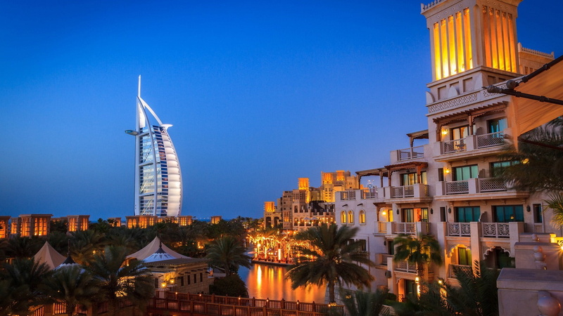 residential district, asia, dusk, town, burj al arab, plant, sky, cityscape, dubai, modern, night, illuminated, tower, outdoors, travel destinations, landmark