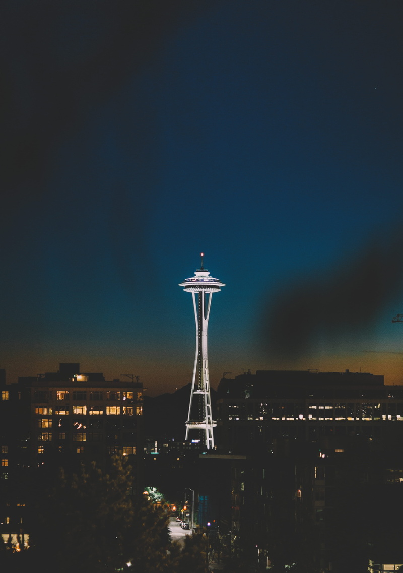 city, illuminated, space needle, city life, nature, colors, architecture, sunset, tower, tall - high, roads, travel destinations, buildings, 4K, building