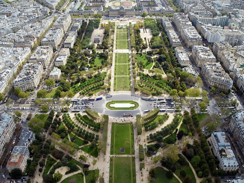 building exterior, champ de mars, 720P, mode of transportation, aerial, urban, office building exterior, sightseeing, high angle view, street, no people