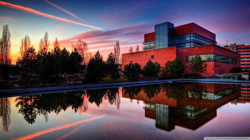 two, hospital, concrete, city, pond, scene, establishment, brown, 1080P, nature and landscapes, storey, trees, sunset