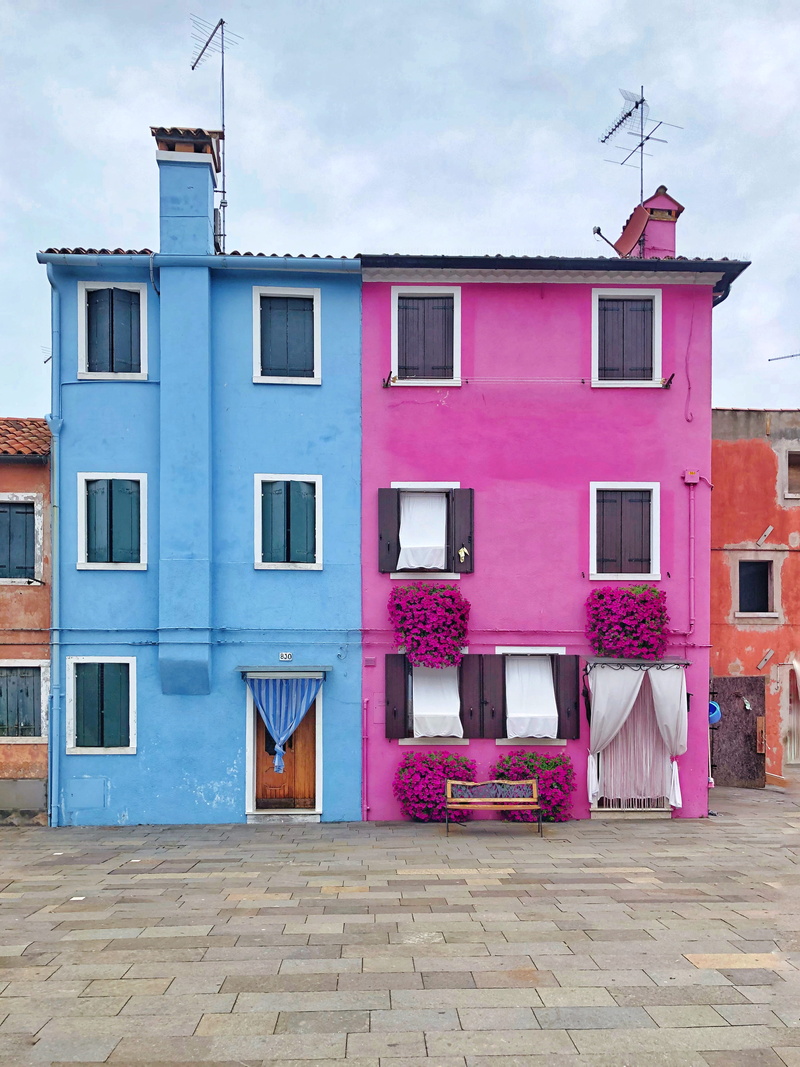 architecture, window, sky, day, blue, two, no people, nature, residential district, pink color, 4K, entrance, house, street, door, purple, building exterior