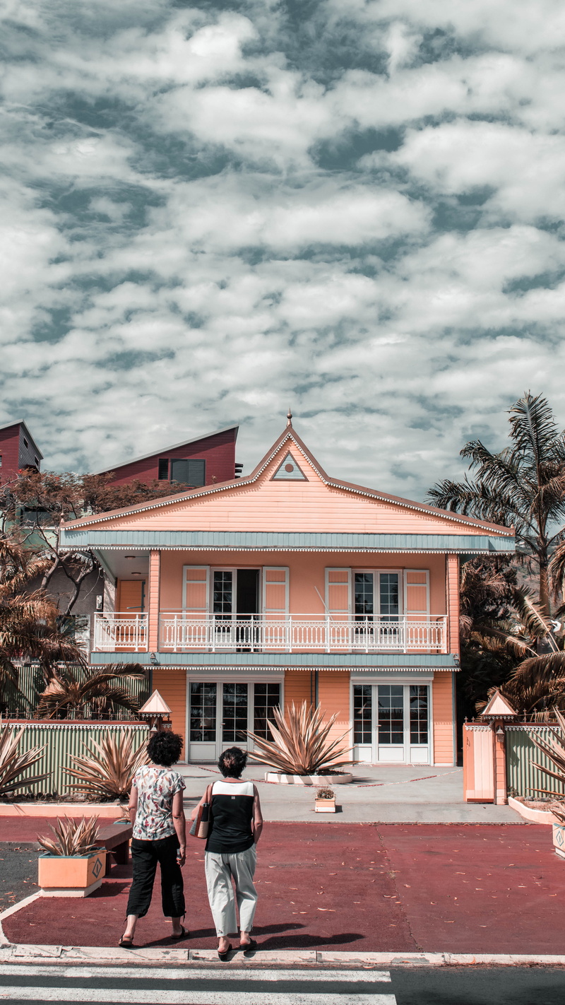 outdoors, built structure, front, sky, building, cloud - sky, couple - relationship, group of people, tree, adult, day, peach, house, rear view, people