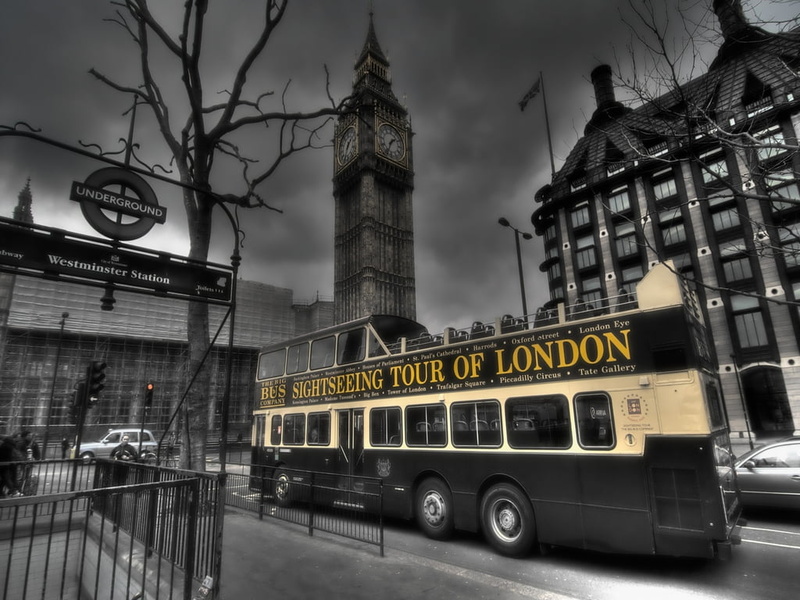 sky, land vehicle, street, government, no people, city, 480P, London, public transportation, black, bus, sign, motor vehicle, world, beige, double-decker bus