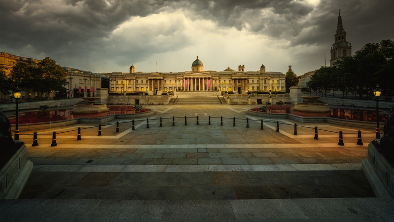 the city, Museum, England, Trafalgar square, fountains, 1080P, clouds, UK, building, London, the national gallery