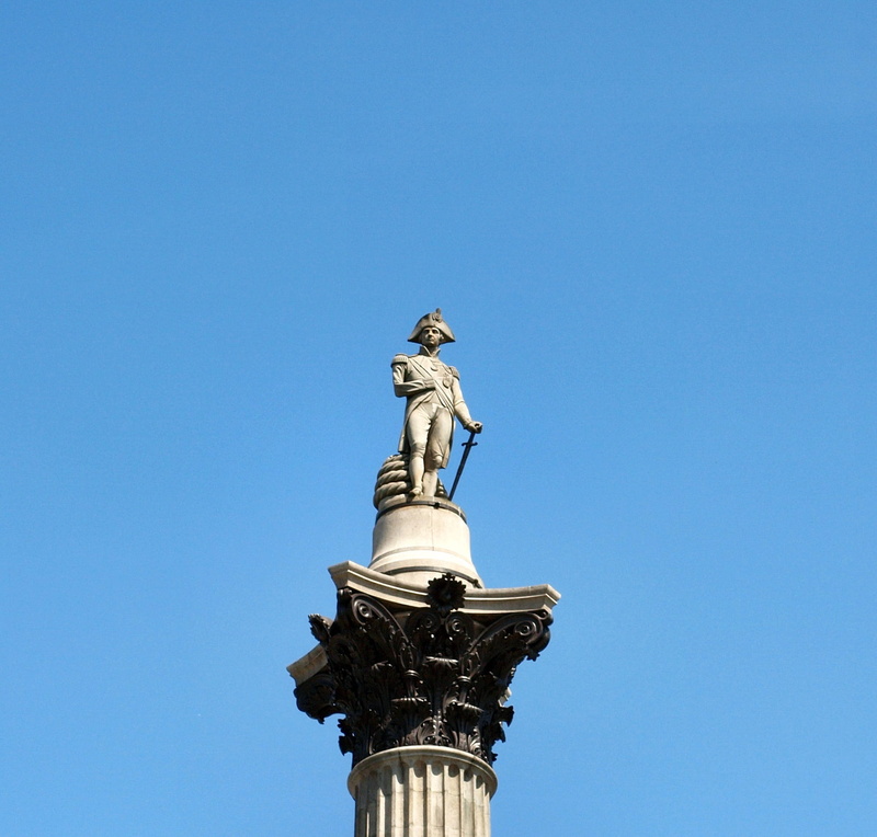 low angle view, art and craft, London, clear sky, Lord Nelson, Trafalgar Square, copy space, travel destinations, outdoors, sculpture, 1080P, no people