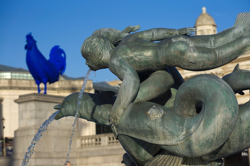 sculpture, monument, trafalgar, art and craft, day, fountain, creativity, city, statue, male likeness, building exterior, no people, built structure, human representation