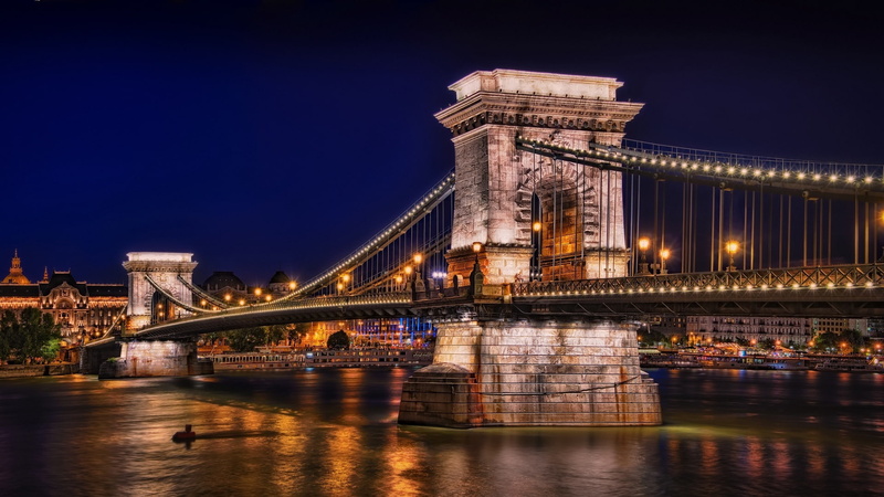 chain bridge, night, bridge, szechenyi chain bridge, evening, landmark, 1080P, danube river, city, budapest, cityscape, gresham palace, tourist attraction