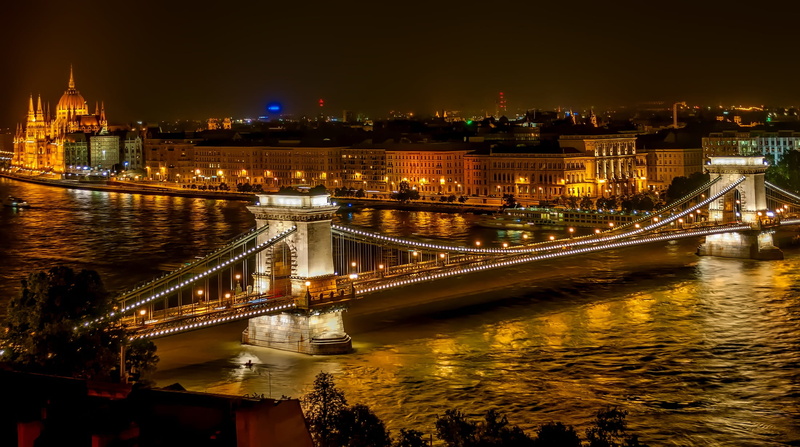 urban, panorama, travel destinations, connection, travel, illuminated, night, photo, szechenyi chain bridge, 1080P, chain bridge, budapest, water, architecture