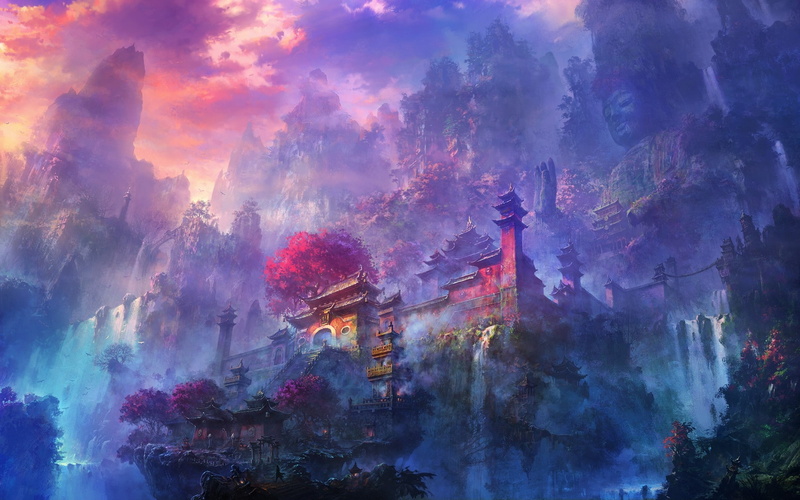 Fantasy, buda, landscape, fog, clouds, waterfall, sky, mountains, asian temple, 1080P, artwork