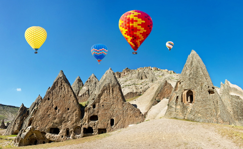 the sky, the sun, colorful, Cappadocia, Turkey, stones, 4K, rocks, balloons