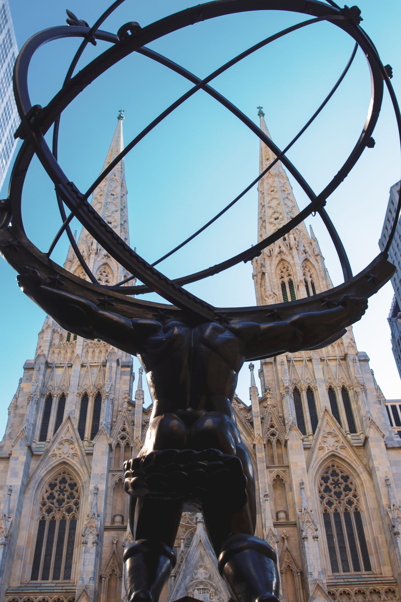 outdoors, monument, symbolic, spirituality, st patrick, building exterior, 5th avenue, rockefeller, statue, ornate, low angle view, sculpture, building