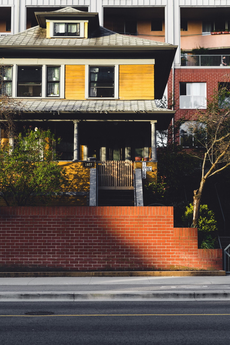brick, garage, no people, apartment, brown, house, light, fence, nature, building exterior, built structure, city, street, pavement, home, road, sidewalk