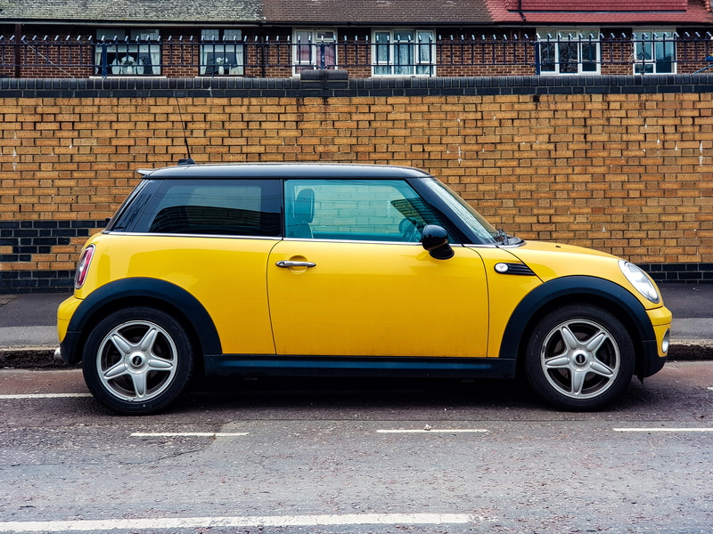 hatchback, brick wall, building exterior, london, cool, day, street, built structure, awesome, no people, retro styled, road, slick, city, mini, brick