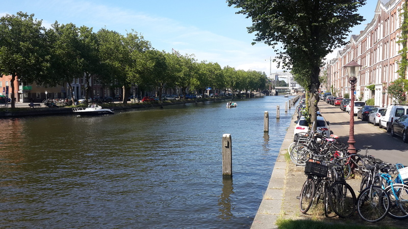 nautical vessel, sky, plant, tree, mode of transportation, amsterdam, building exterior, canal, rowhouses, day, built structure, incidental people, transportation