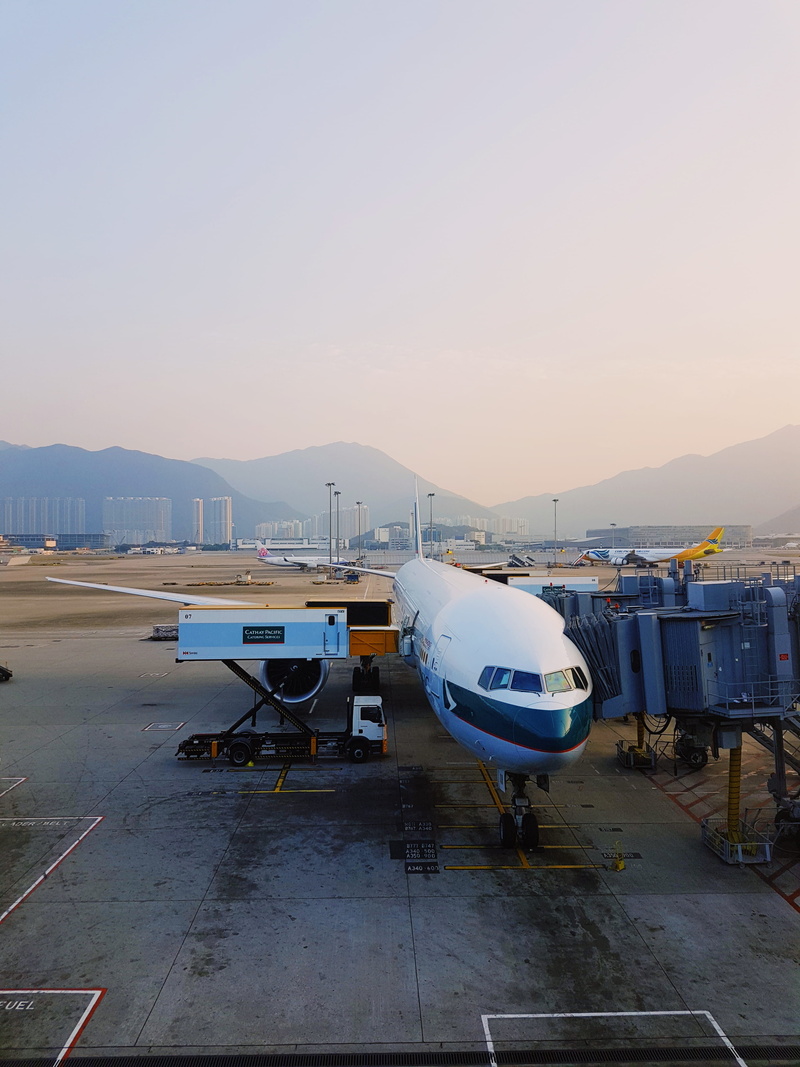 hong kong, copy space, sky, fly, mode of transportation, morning sky, china, aeroplane, airport, plane, travel, public transportation, clear sky, passenger boarding bridge