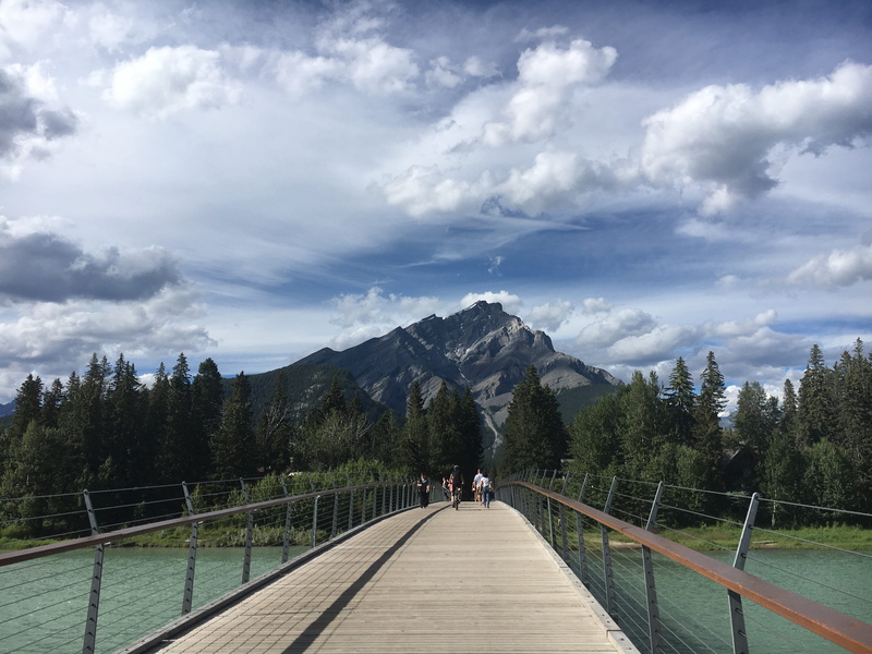 leisure activity, beauty in nature, men, plant, transportation, day, footbridge, 101 glen ave, banff, real people, tree, banff national park, alberta, diminishing perspective