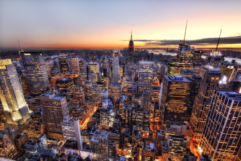USA, crowd, office building exterior, sky, illuminated, architecture, 4K, skyscraper, built structure, sunset, Empire State Building, spire, tower, tall - high