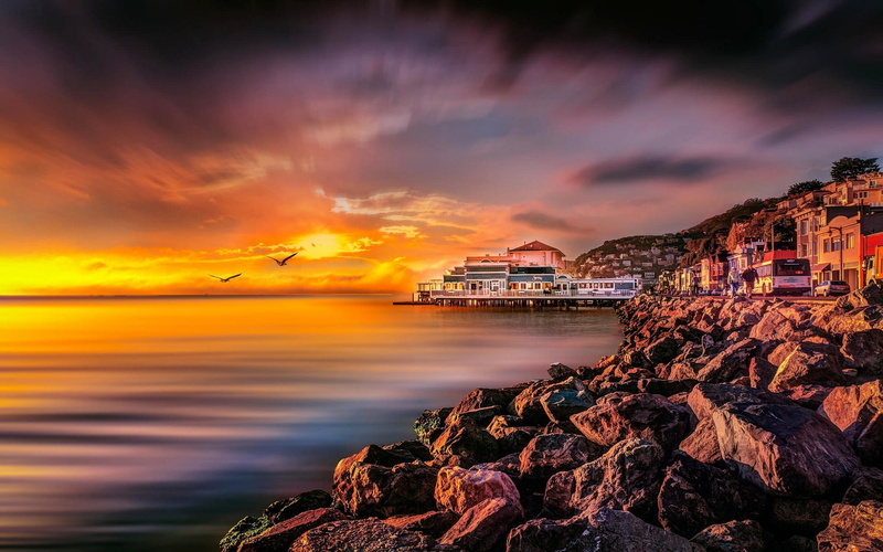 outdoors, landscape, California, urban skyline, rock, coast, yellow, horizon over water, cityscape, reflection, romantic sky, no people, sky, white, textile