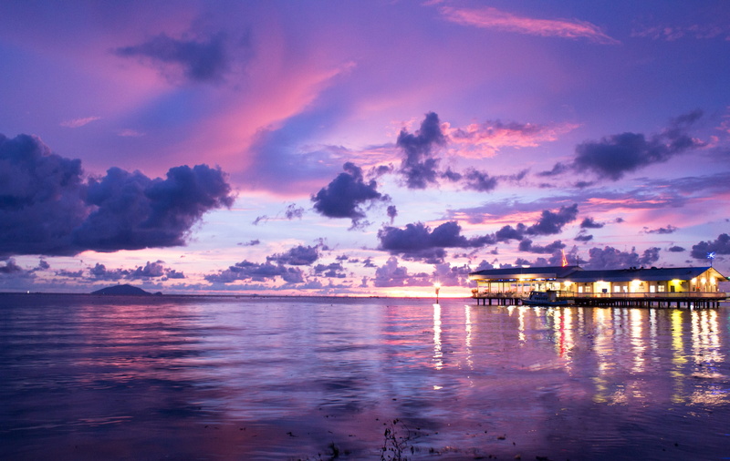 sunset over the sea, architecture, sea, water, outdoors, rach gia city, tropical climate, wild kissing, 4K, dusk, sky, seascape, dramatic sky, reflection
