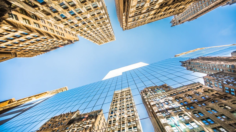 financial district, glass - material, architecture, worms eye view, travel destinations, buiding, sky, office, building exterior, steel, alloy, high, skyscraper