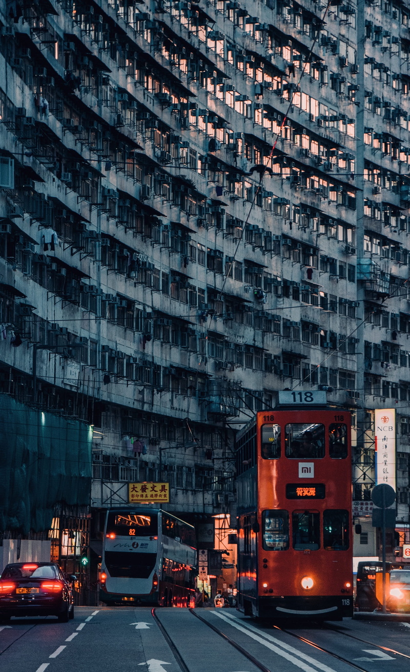 illuminated, cityscape, building exterior, public transportation, daytime, hongkong, architecture, near, buiding, outdoors, residential district, motion