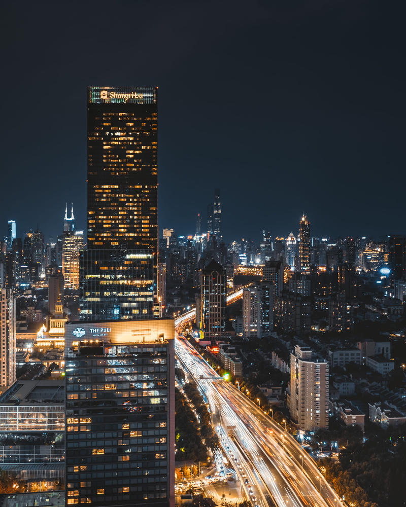 road, city, buiding, uSA, downtown District, dusk, skyscraper, 2K, city light, blue, china, multiple Lane Highway, night, urban, light - Natural Phenomenon