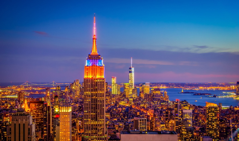 Manhattan, USA, new, night, lights, home, Empire State Building, panorama, clouds, New York, sunset, 1080P, york, sky