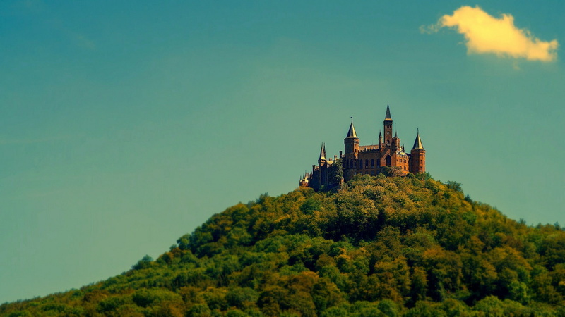 nature, trees, architecture, clouds, 1080P, castle, landscape, Germany, photography, hills, forest, Burg Hohenzollern, tower