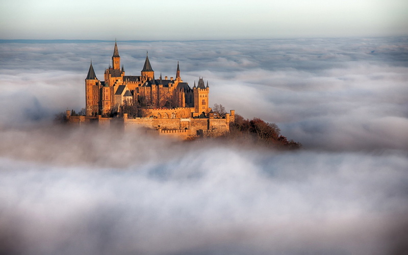 cloud - sky, travel destinations, burg hohenzollern castle mist, day, architecture, built structure, building exterior, the past, castle, building, city
