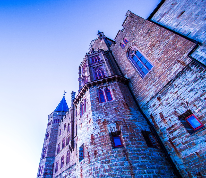 building, built structure, building exterior, burg hohenzollern, 4K, old, the past, light, no people, clock, purple, castle, sky, window, outdoors, germany