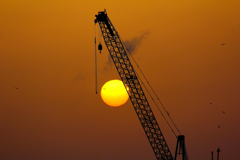 machinery, no people, tall - high, sunset, construction industry, development, metal, sky, crane - construction machinery, Port, silhouette, construction site