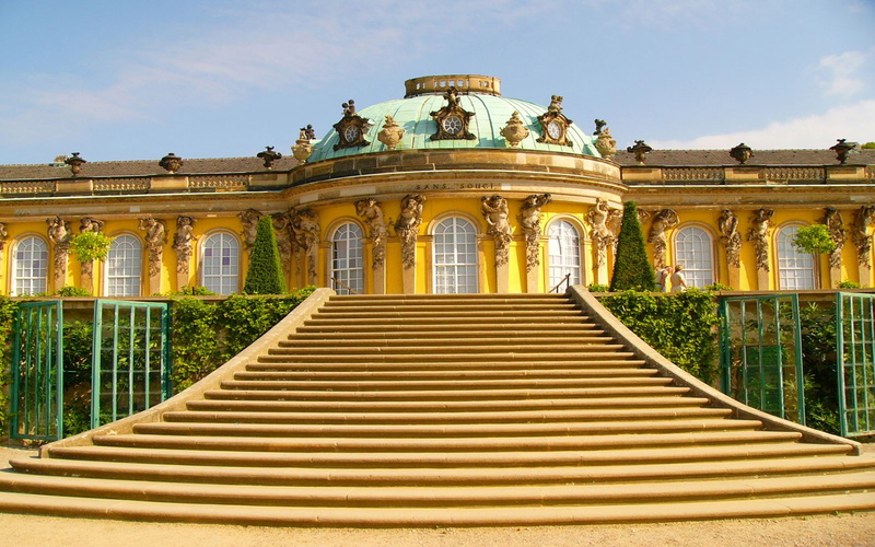 palace, architectural column, nature, staircase, architecture, germany, 4K, gold colored, history, sculpture, outdoors, travel destinations, sanssouci
