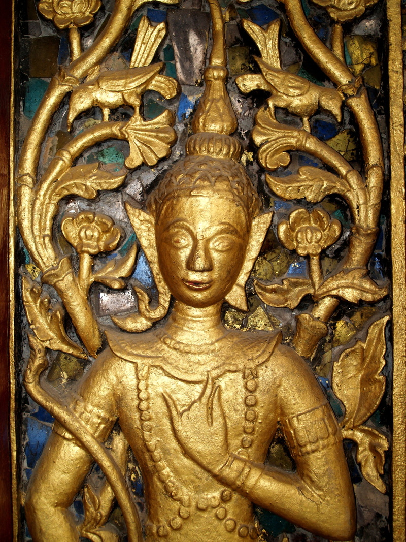 sculpture, ornate, asia, laos, luang prabang, human representation, carving, representation, gold, male likeness, gold colored, close-up, architecture