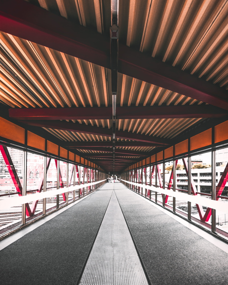 the way forward, railing, architechture, long, 4K, bridge - man made structure, metal, ceiling, connection, bridge, architecture, day, lines, roof beam
