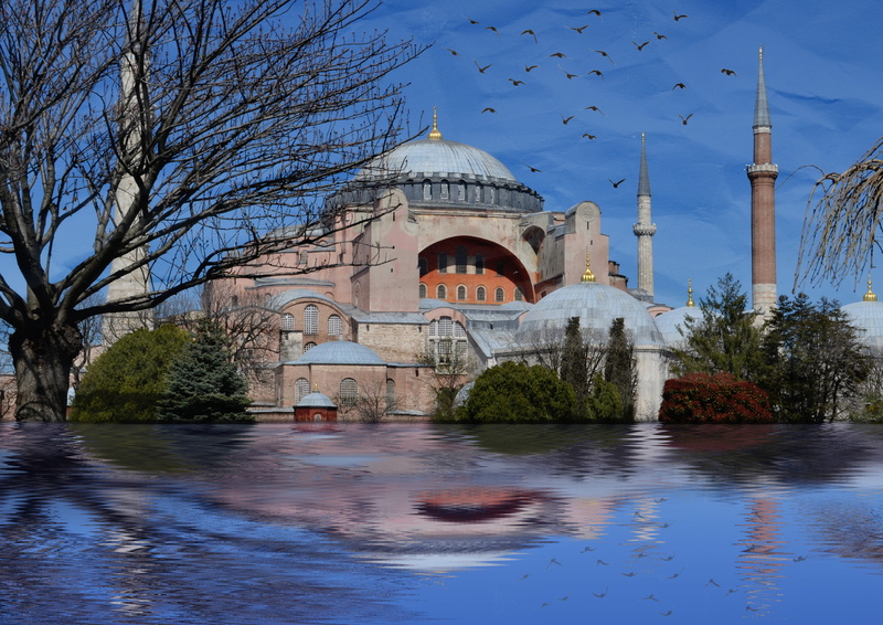 ancient city, istanbul, outdoors, hagia sophia, religion, architecture, tourism, nature, on, place of worship, building exterior, landscape, 4K, sky, reflection