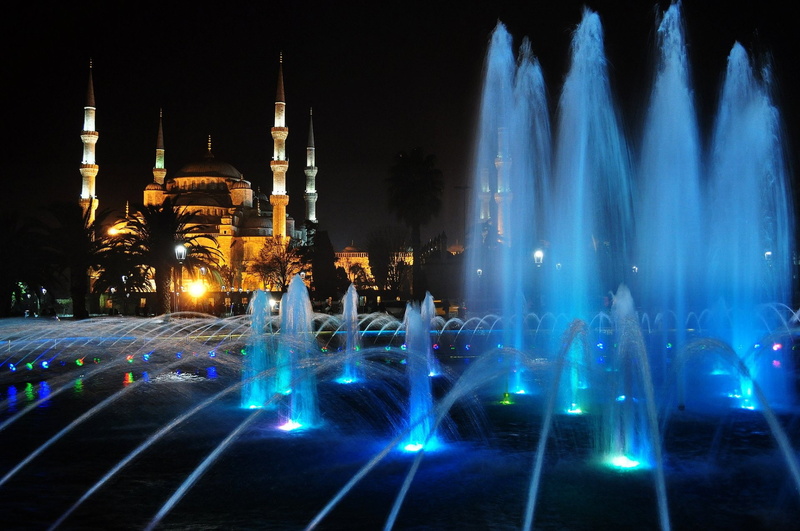 Turkey, Night, 1080P, Mosques, Light, Istanbul, Mosque, Fountain, Sultan Ahmed Mosque