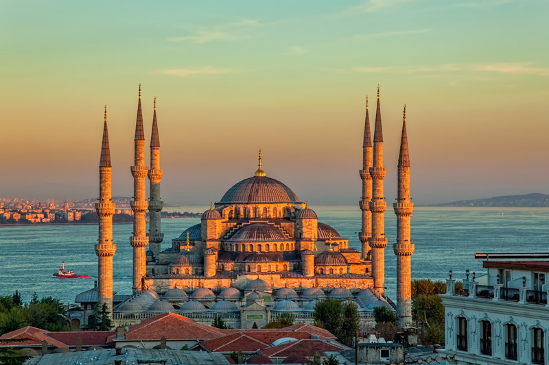 The blue mosque, architecture, outdoors, religion, water, dome, blue, building, tower, travel, spirituality, Istanbul, mosque, building exterior, Turkey
