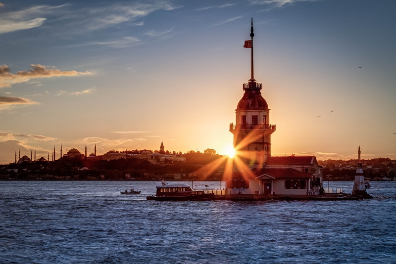 Istanbul, travel destinations, nautical vessel, outdoors, sunset, Maiden tower, no people, Turkey, nature, cloud - sky, sea, rays, architecture, built structure