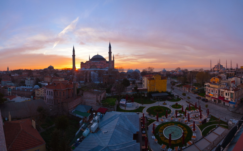 high angle view, photography, architecture, romantic sky, travel destinations, sophia, hagia sophia, townscape, outdoors, sunrise, residential district