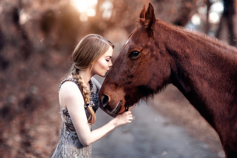model, horse, closed eyes, outdoors, beautiful woman, animal wildlife, one animal, livestock, dress, hairstyle, blonde, adult, domestic, young adult, profile
