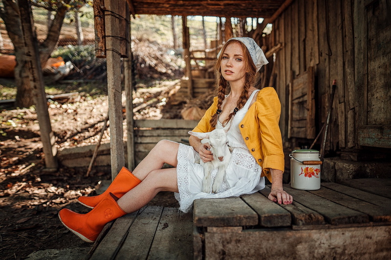 sitting, braids, boots, animals, freckles, 1080P, open shirt, goat, model, Evgeny Freyer, Braided hair, women outdoors, redhead, women