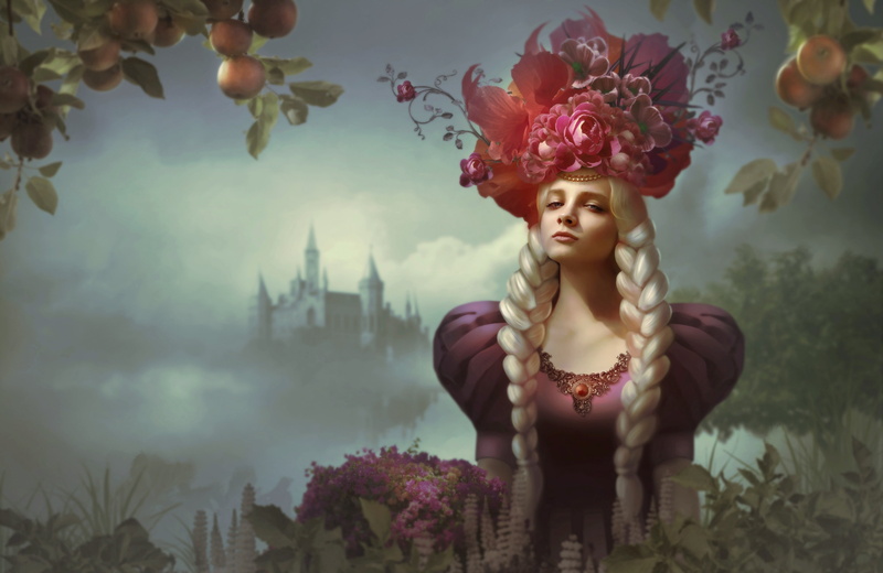 outdoors, artwork, front view, religion, young women, braids, plant, flower head, hairstyle, fragility, beauty in nature, 4K, portrait, young adult, lifestyles