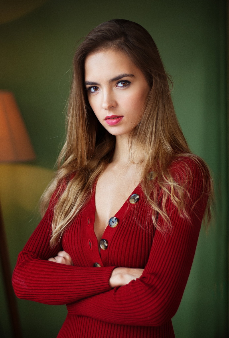 hands crossed, long hair, Victoria Lukina, sweater, women, indoors, brown eyes, brunette, 1080P, red clothing, looking at viewer, Maxim Maximov
