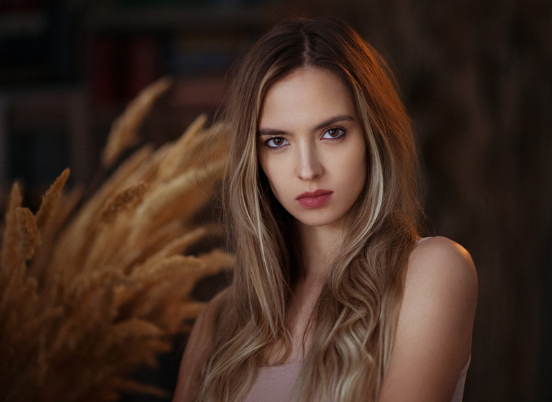 depth of field, long hair, makeup, looking at viewer, women, portrait, blonde, 1080P, brown eyes, Maxim Maximov, Victoria Lukina