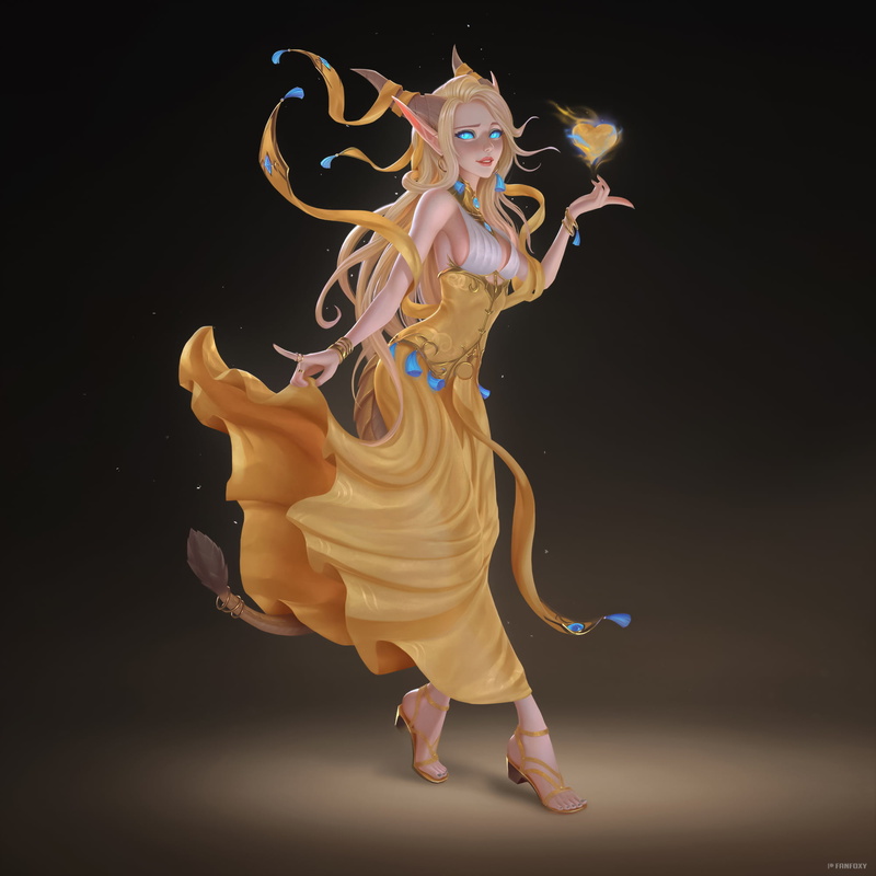 walking, fantasy art, dress, blue eyes, shoes, Heart (Design), glowing eyes, Fanfoxy, drawing, blonde, spell, long hair, looking at viewer, yellow clothing