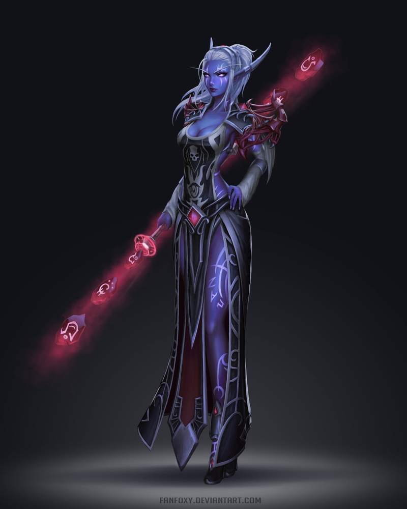 elves, Fanfoxy, pointy ears, silver hair, black clothing, purple eyes, 4K, women, magician, robes, staff, drawing, ponytail, Warcraft, weapon, tattoo