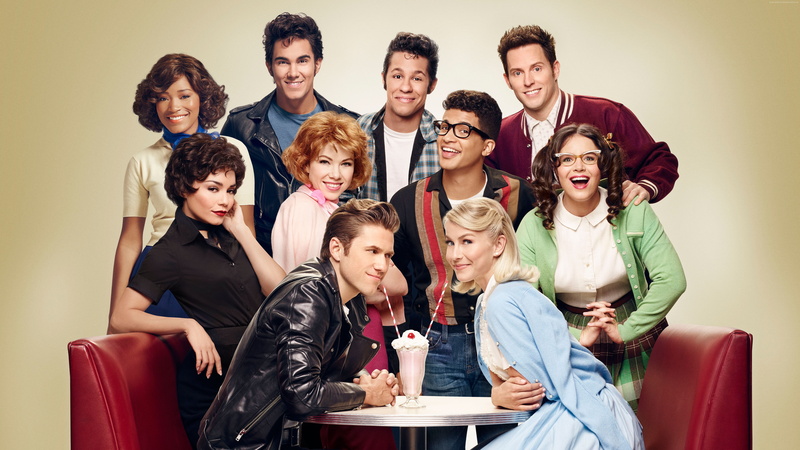 young women, adult, group of people, mature men, Grease Live!, Aaron Tveit, young men, Best TV series, males, indoors, sitting, smiling, Julianne Hough