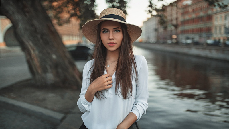 Alexey Slesarev, face, white shirt, hat, bokeh, 2K, portrait, women, brown eyes, women outdoors